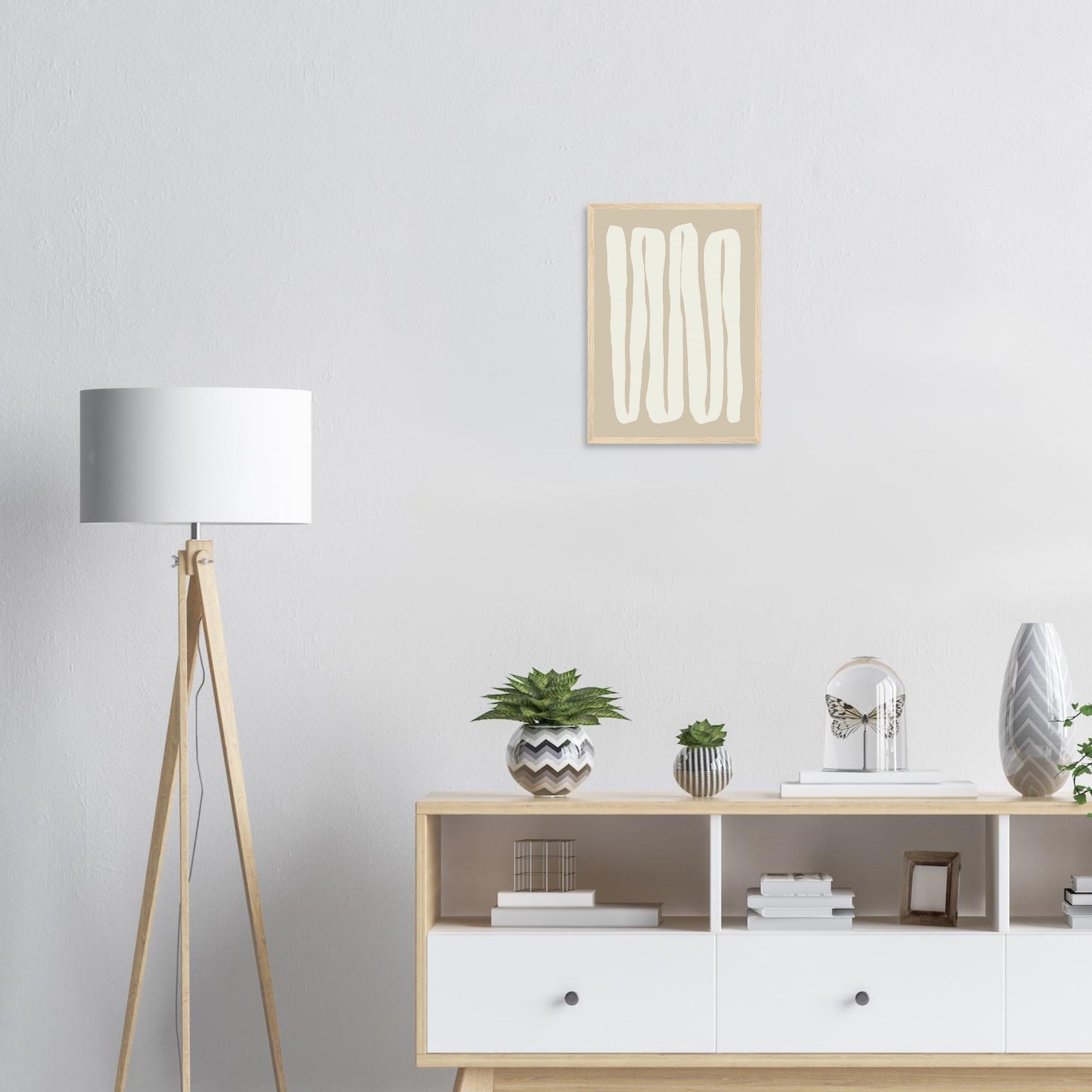 Calm neutral abstract print styled on livingroom wall
