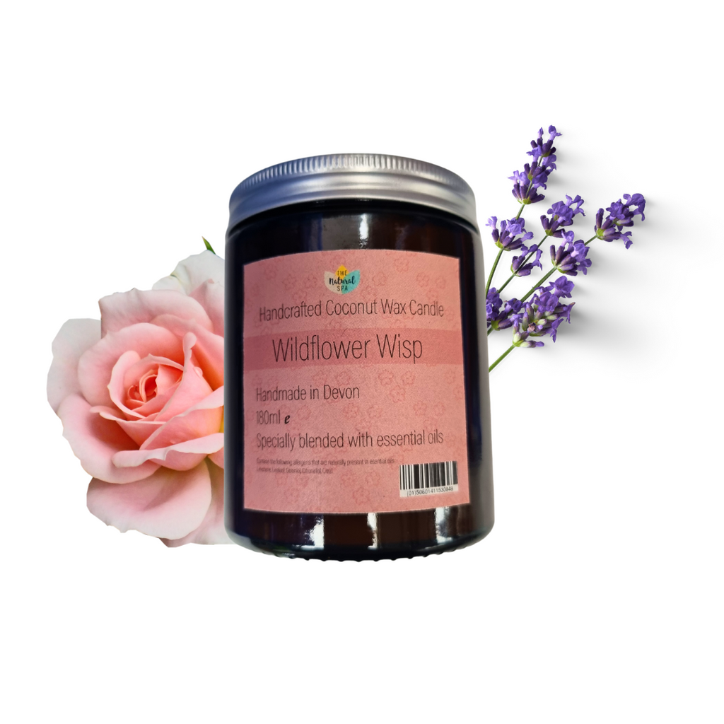 wildflower hand poured coconut wax candle amber glass jar A+ Living UK