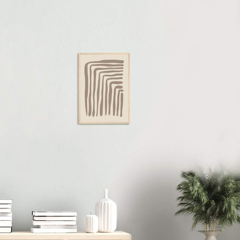 Geometric abstract print styled on living room wall, neutral home decor
