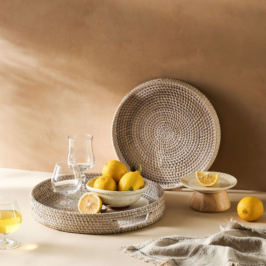 Hand woven round wicker tray 30cm natural home accessories