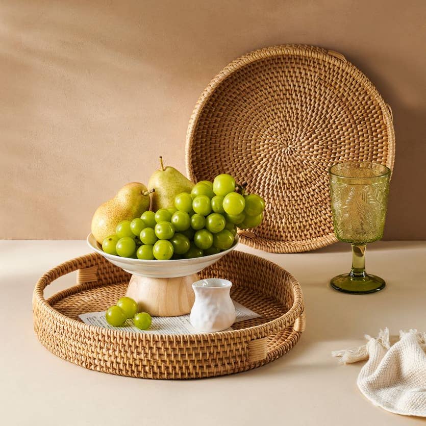 Rattan tray as centrepiece on dining table natural decor
